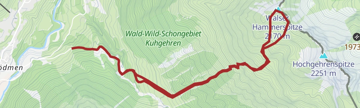 Route map: Skitour vom Schwendle auf die Walser Hammerspitze